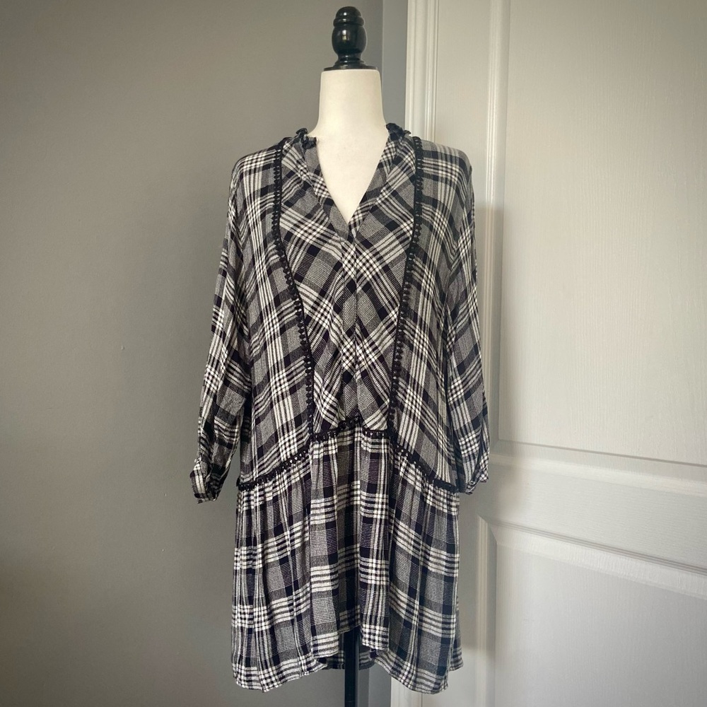 ZARA Plaid Babydoll Embroidered Dress